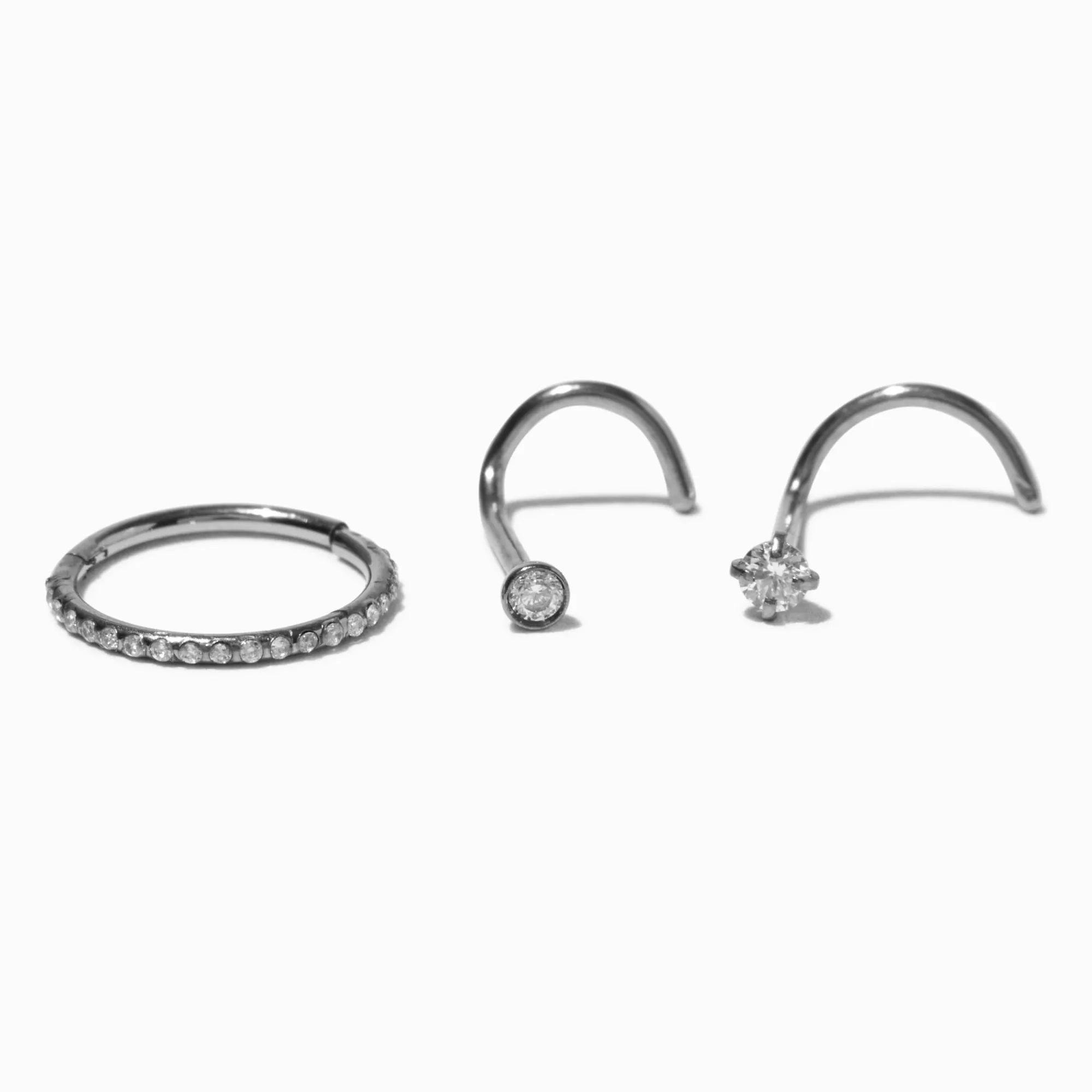 Claire's Bijoux Premium|Bijoux De Piercing-Anneau et clou de nez strass 1,0 mm en titane couleur argentée - Lot de 3