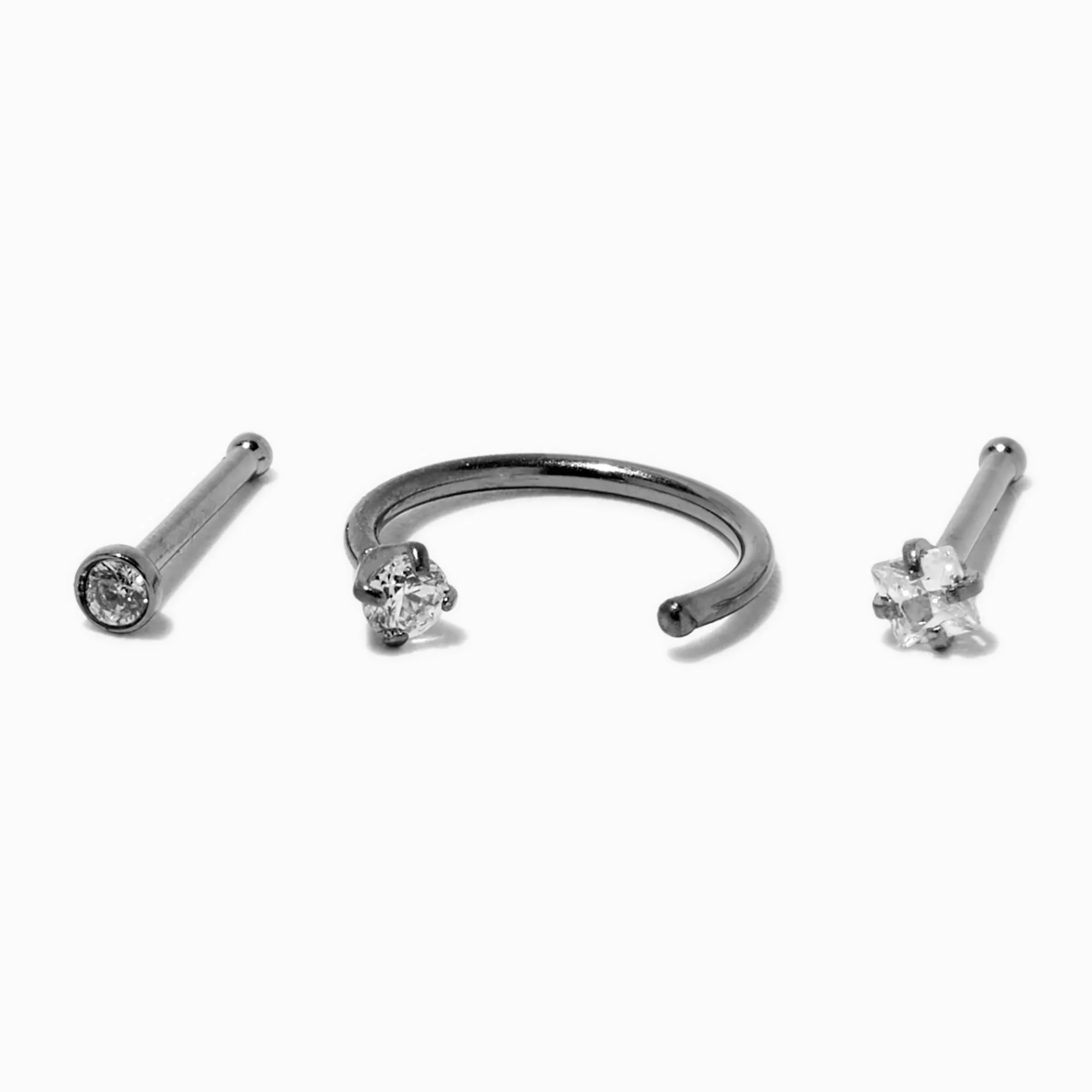 Claire's Bijoux De Piercing-Anneau et clous de nez 0,6 mm en zircon cubique en titane couleur argentée - Lot de 3