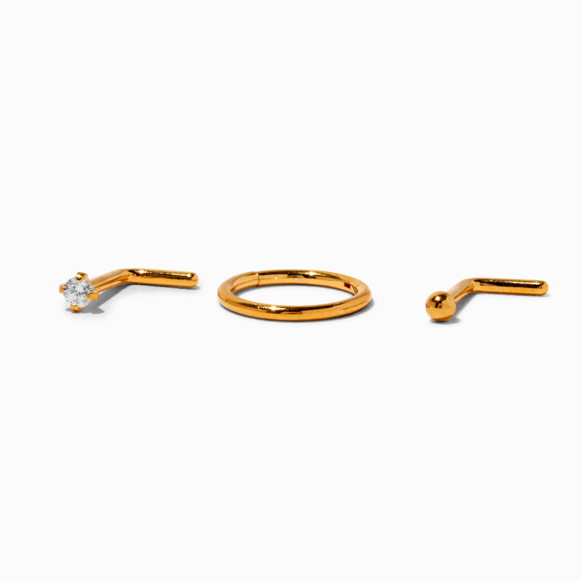 Claire's Bijoux De Piercing-Anneau et clous pour piercing de nez 1,0 mm en titane couleur dorée - Lot de 3