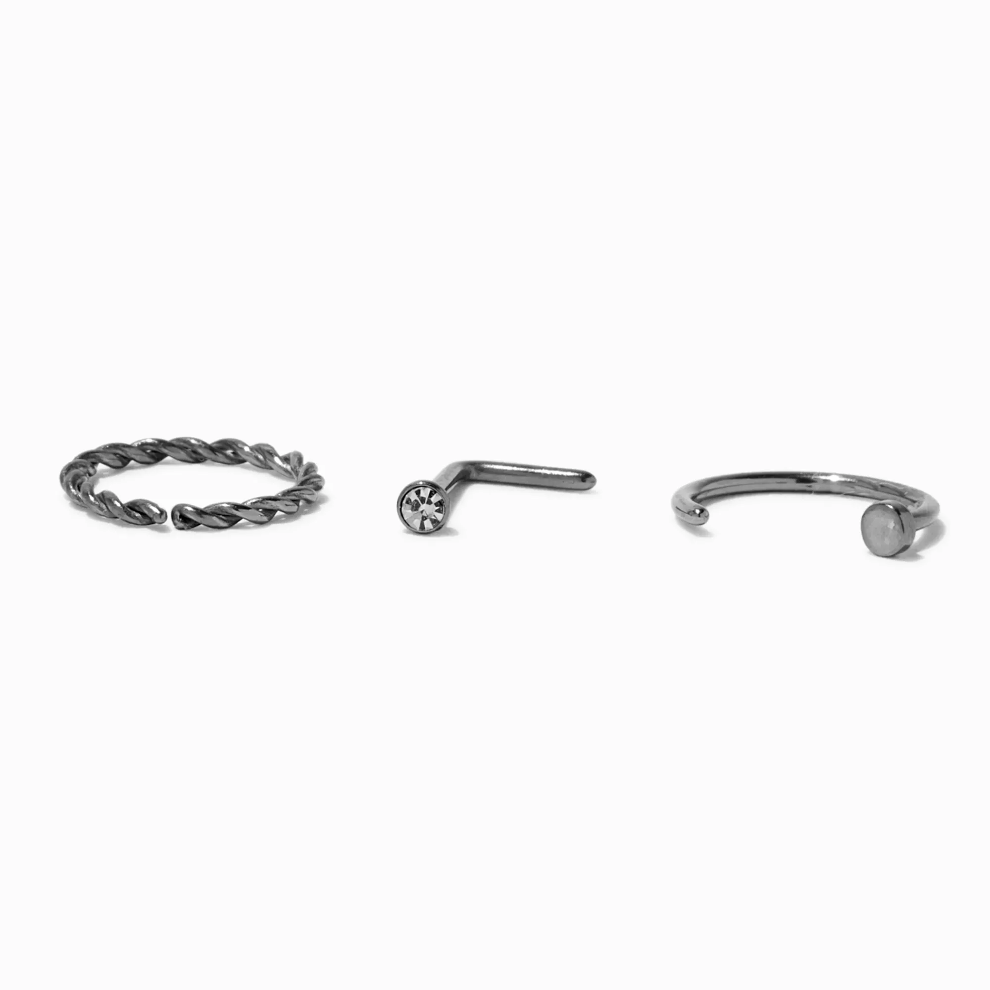 Claire's Bijoux De Piercing-Anneau torsadé et clous de nez 0,8 mm en titane couleur argentée - Lot de 3