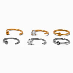 Claire's Clous D'oreilles|Bijoux Premium-Anneaux de nez 0,8 mm avec zircon cubique en titane métaux mixtes - Lot de 6