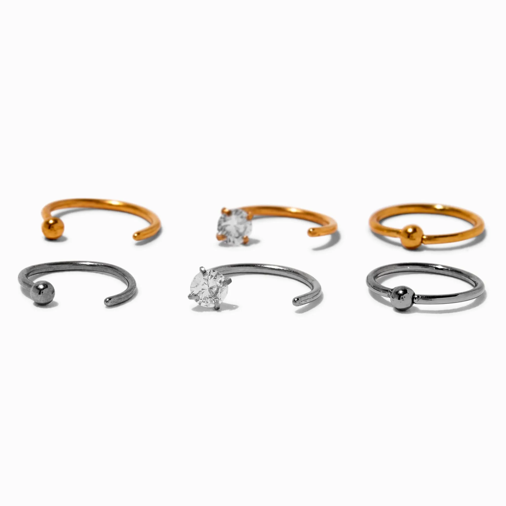 Claire's Clous D'oreilles|Bijoux Premium-Anneaux de nez 0,8 mm avec zircon cubique en titane métaux mixtes - Lot de 6