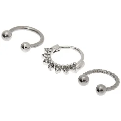 Claire's Bijoux De Piercing-Anneaux de piercing cartilage strass torsadés couleur argenté - Lot de 3