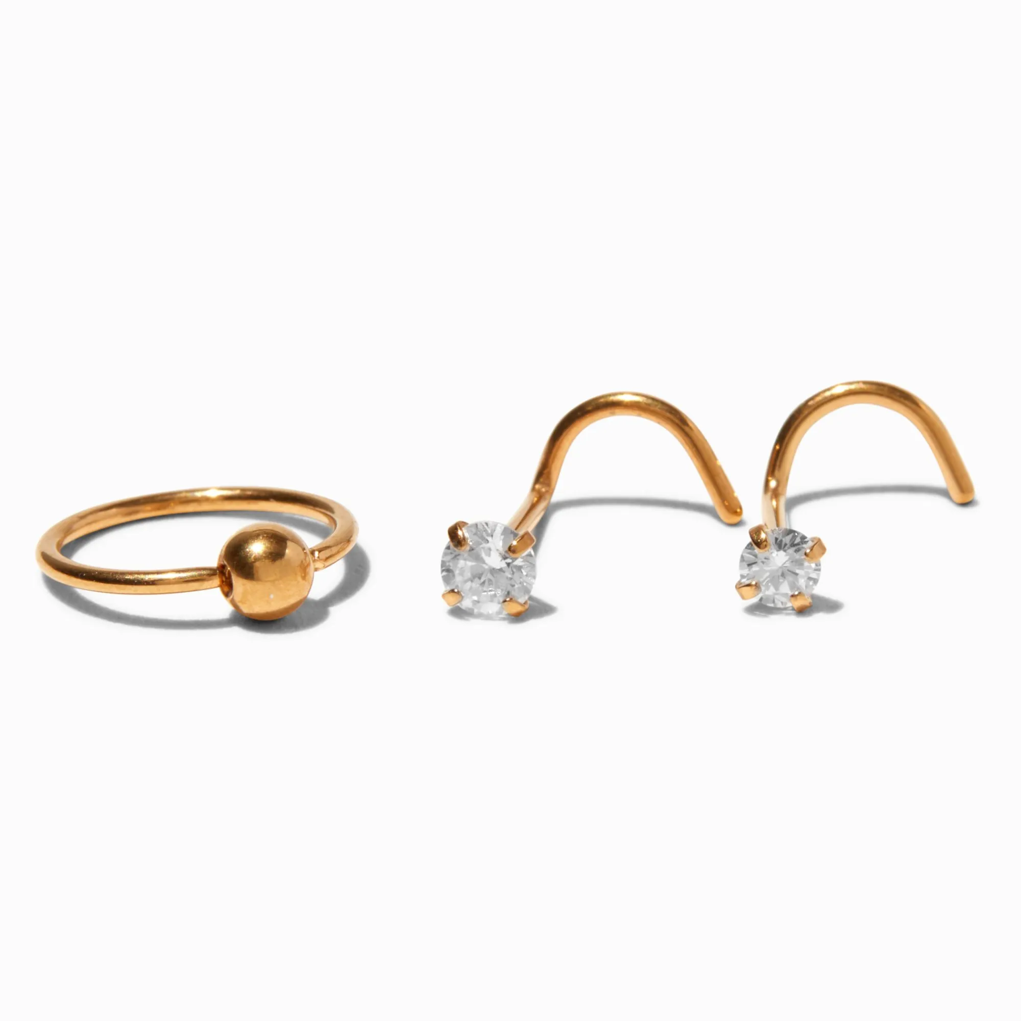 Claire's Bijoux Premium|Bijoux De Piercing-Anneaux et clou de nez 0,8 mm avec strass en titane couleur dorée - Lot de 3