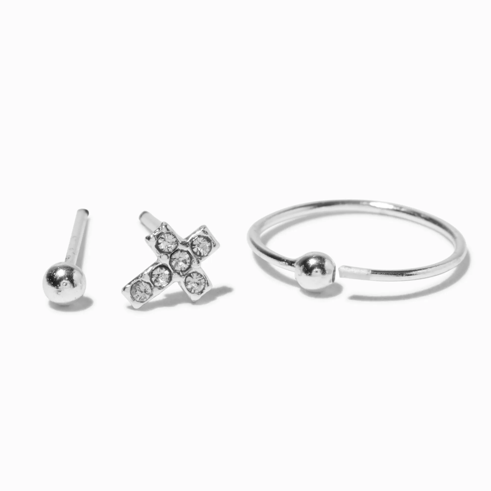 Claire's Bijoux Premium|Bijoux De Piercing-Anneaux et clou pour piercing de nez croix 0,6 mm couleur argentée - Lot de 3