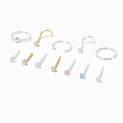 Claire's Clous D'oreilles|Bijoux Premium-Anneaux et clous de nez variés 0,6 mm en zircon cubique couleur argentée - Lot de 12