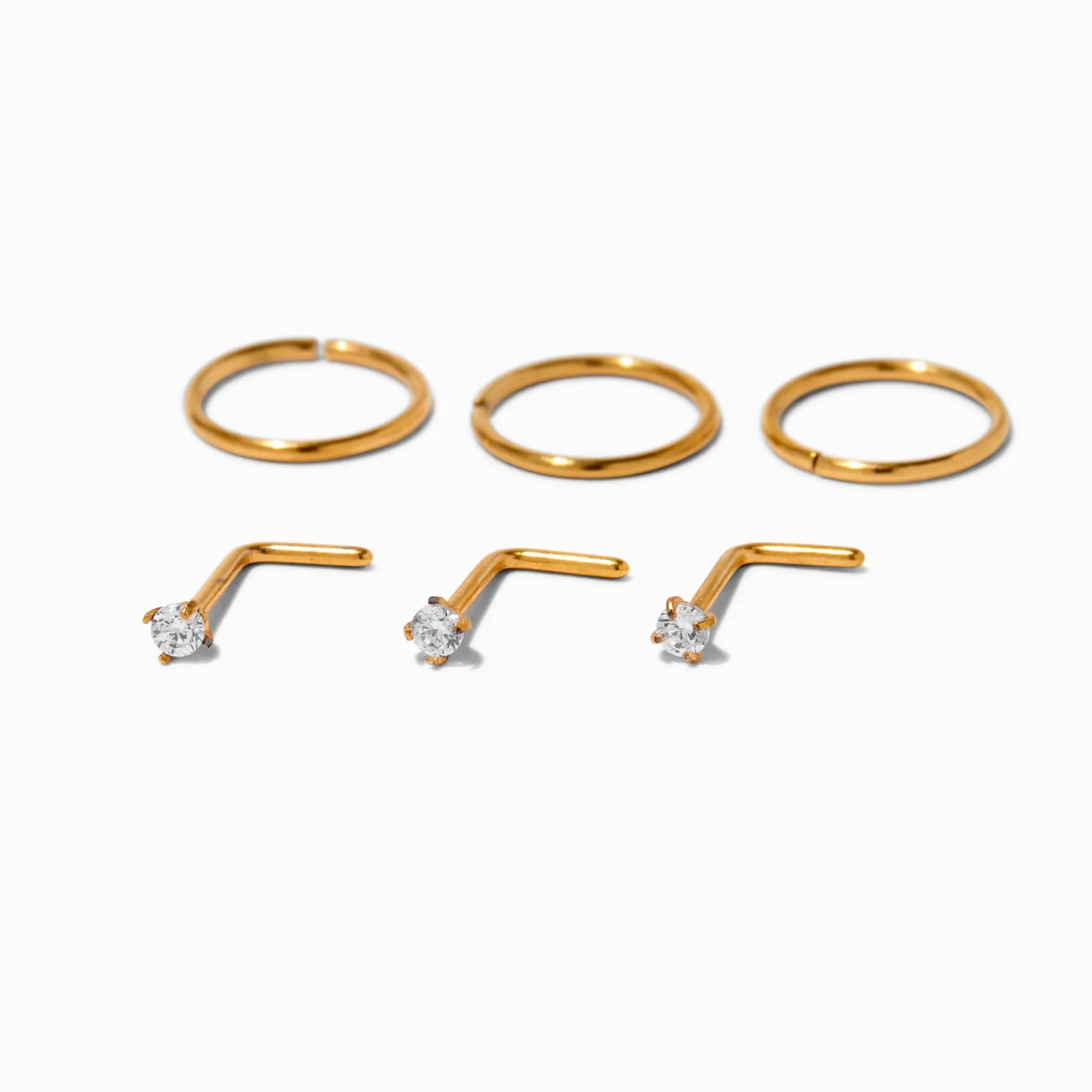 Claire's Bijoux Premium|Clous D'oreilles-Anneaux et clous en zircon cubique 0,8 mm en titane couleur dorée - Lot de 6
