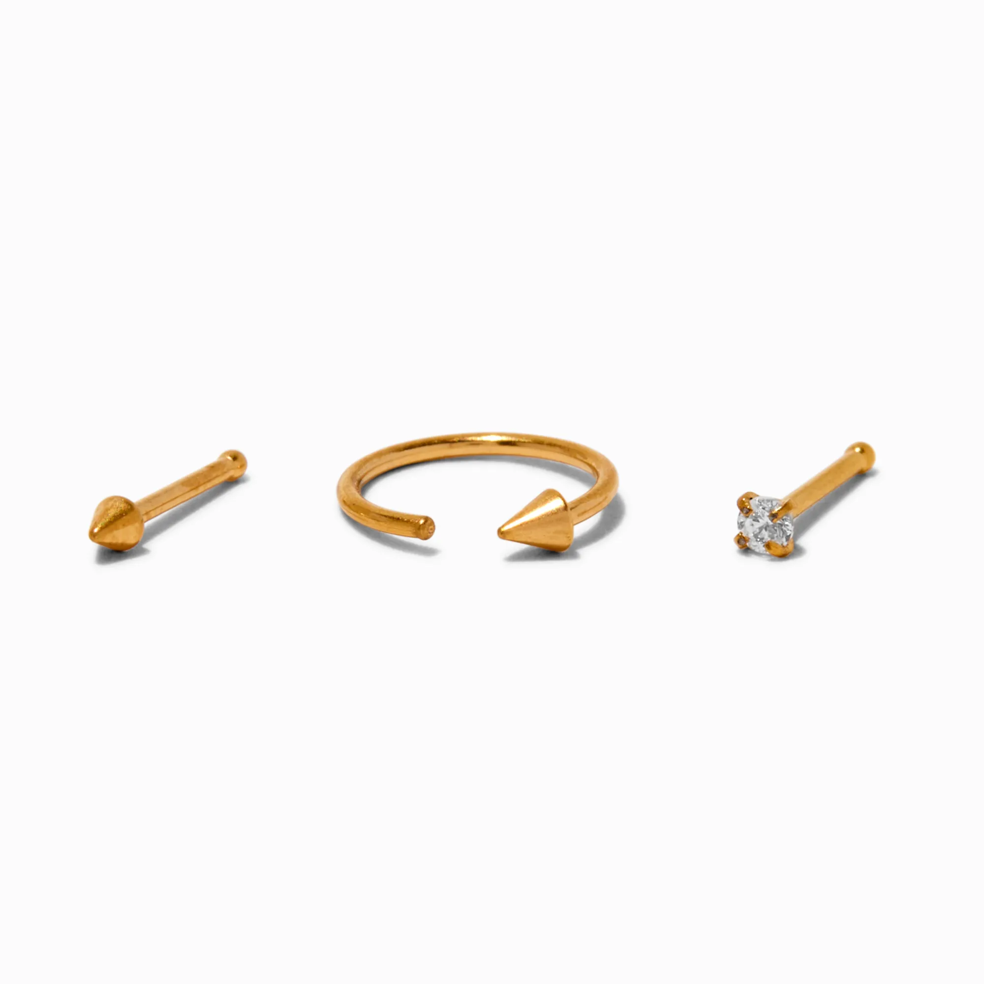 Claire's Bijoux De Piercing-Anneaux et clous pour piercing de nez à pointes 0,8 mm avec zircon cubique en titane couleur dorée - Lot de 3