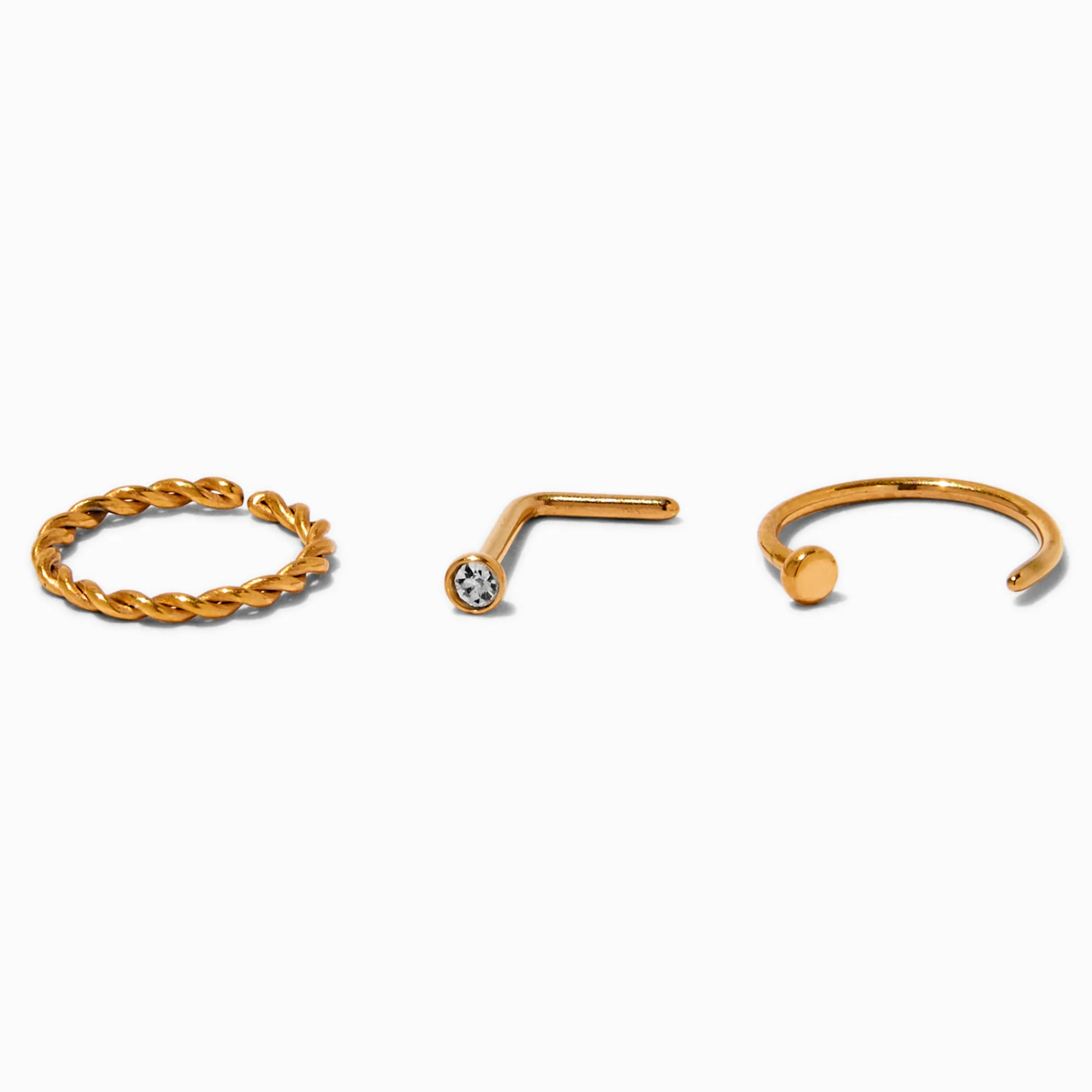 Claire's Bijoux De Piercing-Anneaux 0,8 mm de style torsadé et clou avec strass en titane couleur dorée - Lot de 3