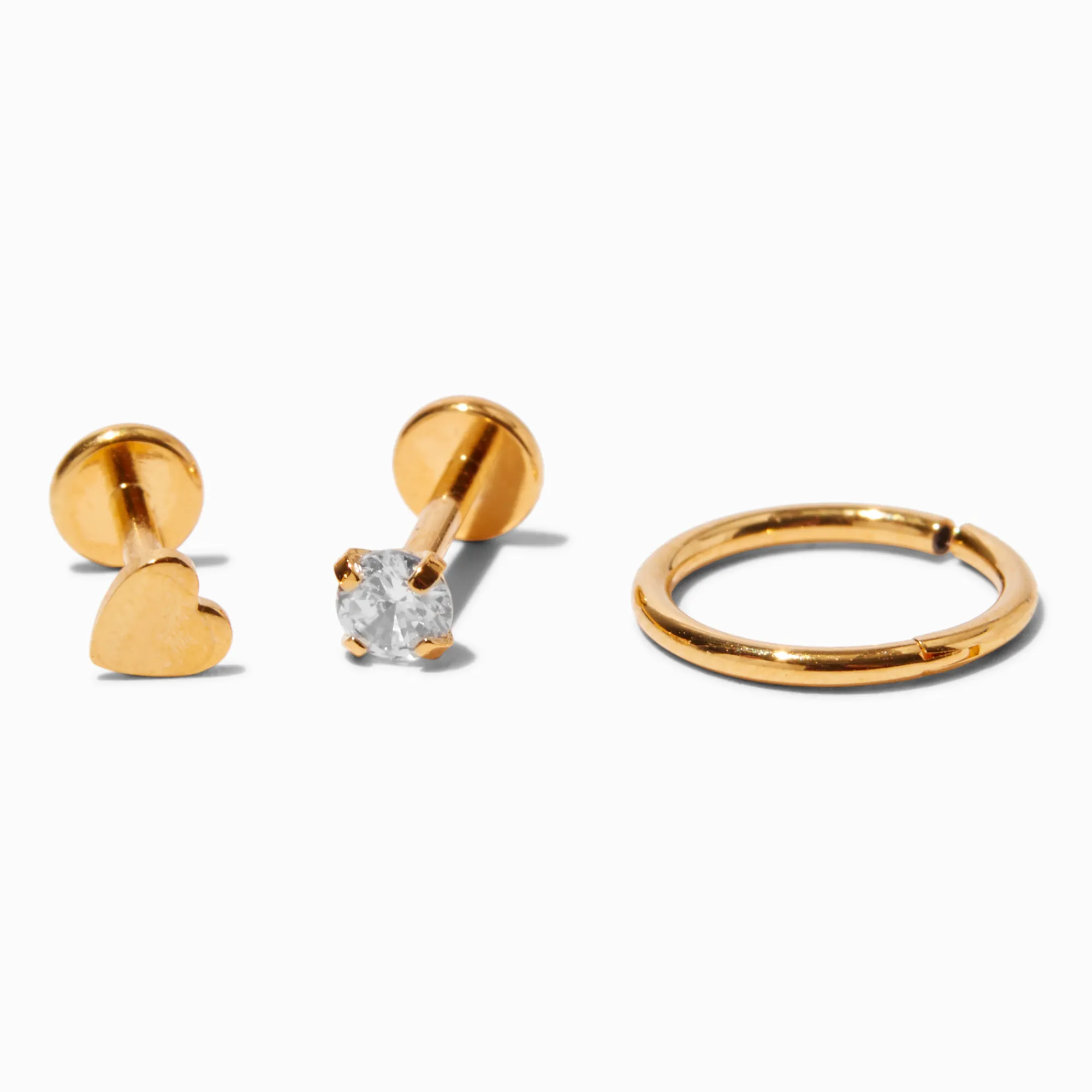 Claire's Bijoux De Piercing-Anneaux pour piercing de cartilage 1,0 mm cœur en zircon cubique et titane couleur dorée - Lot de 3