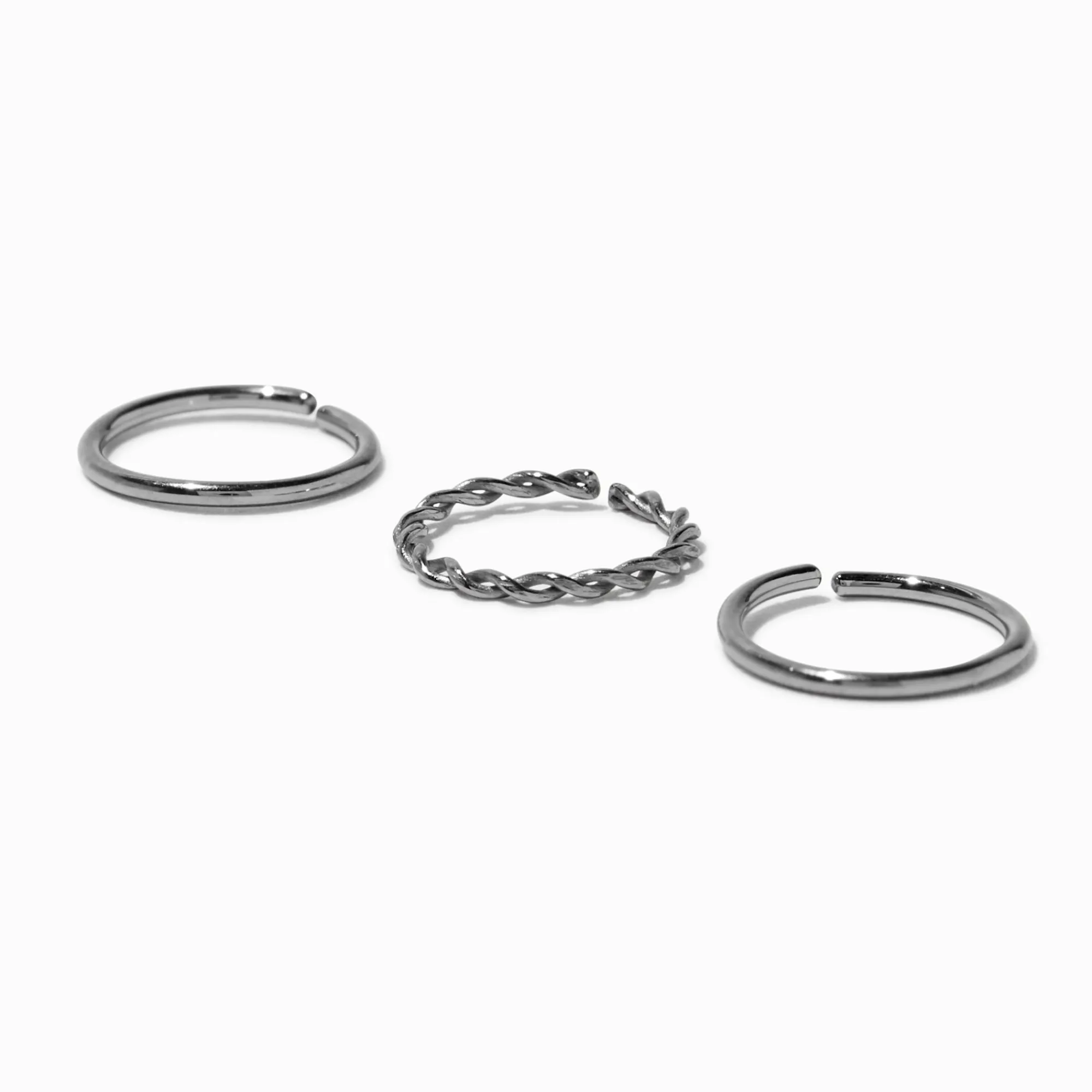 Claire's Bijoux Premium|Bijoux De Piercing-Anneaux pour piercing de nez 0,8 mm lisses et torsadés en titane couleur argentée - Lot de 3
