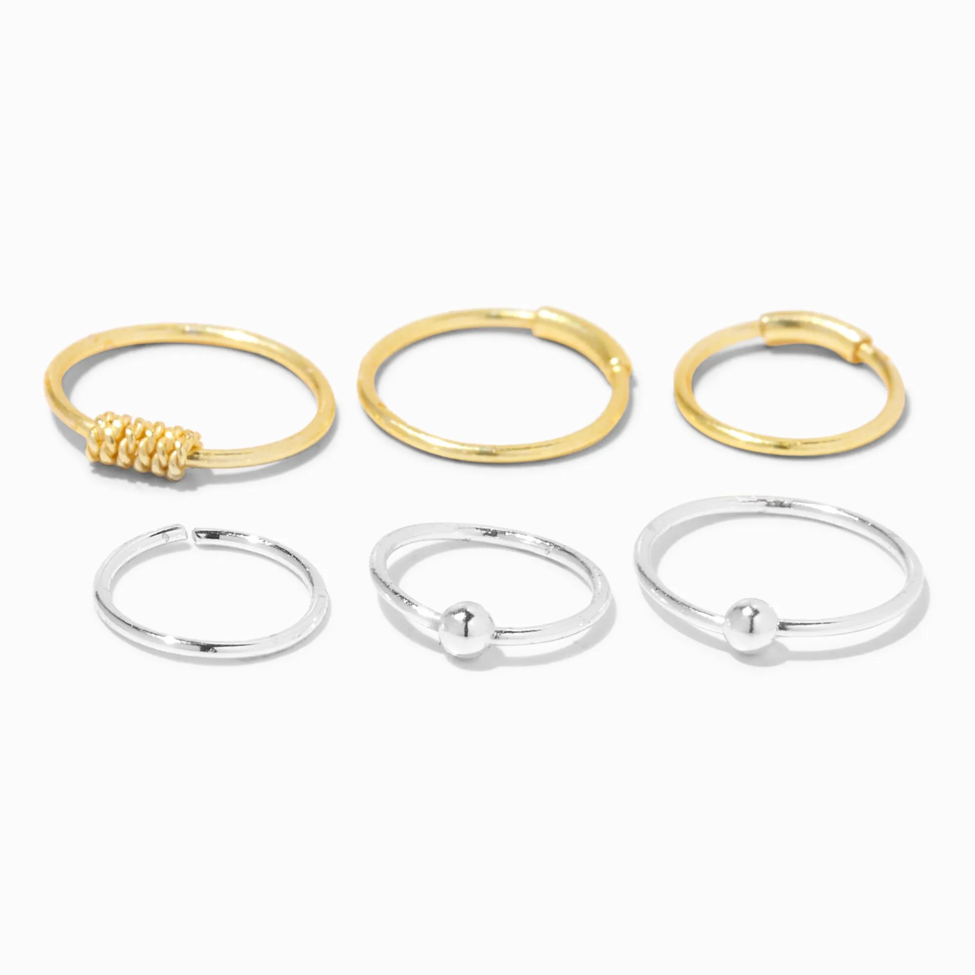 Claire's Bijoux Premium|Bijoux De Piercing-Anneaux pour piercing de nez perlés 0,6 mm couleur argentée en métaux mixtes - Lot de 6