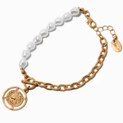 Claire's Bracelets-Antiqued Coin Mixed Pearl Chain Bracelet