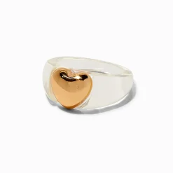 Claire's Bagues-Bague en acrylique transparent cœur couleur dorée