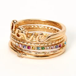 Claire's Bagues-Bagues mixtes avec strass arc-en-ciel « Love » couleur dorée - Lot de 6