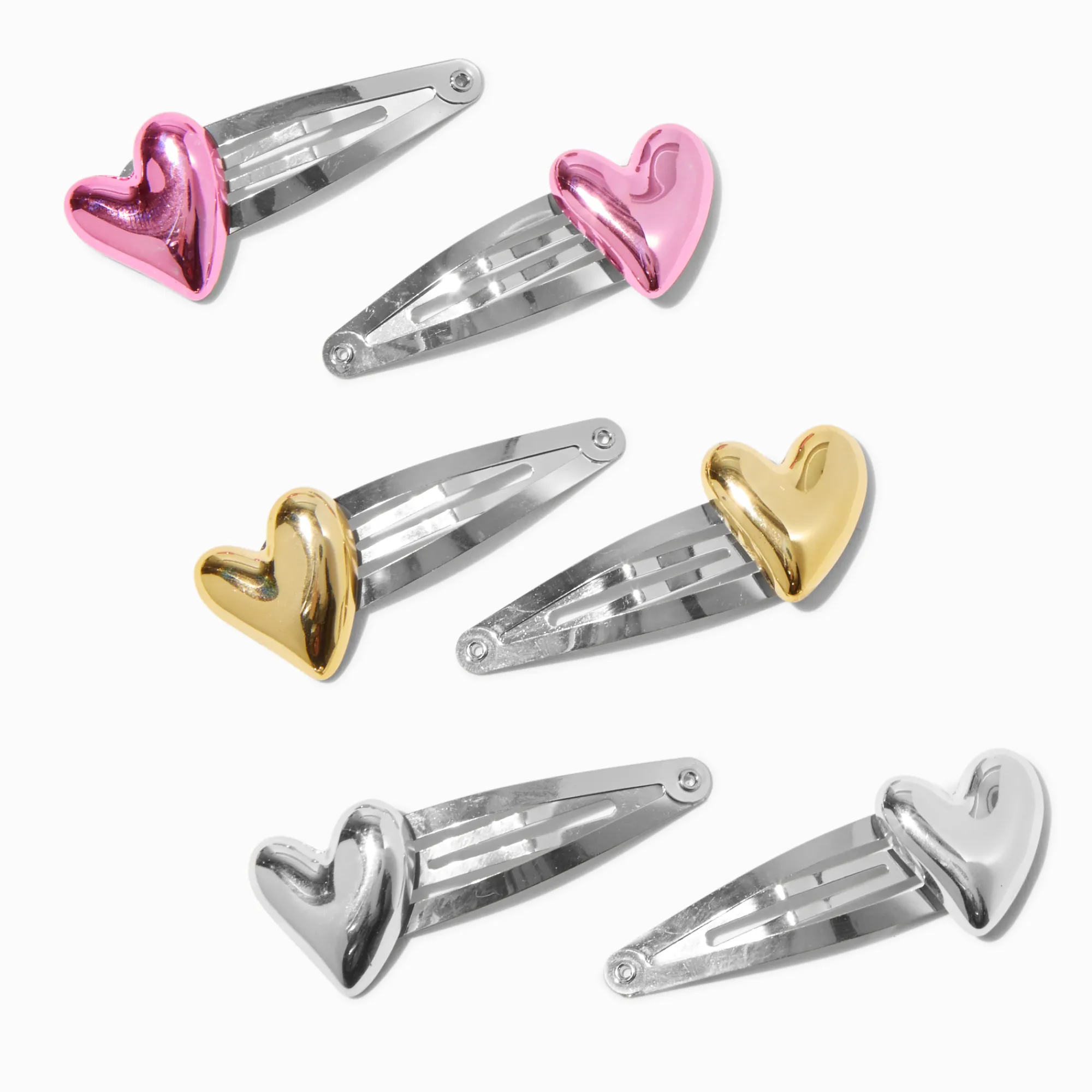 Claire's Barrettes Et Pinces-Barrettes clic clac cœur bombé métalliques - Lot de 6