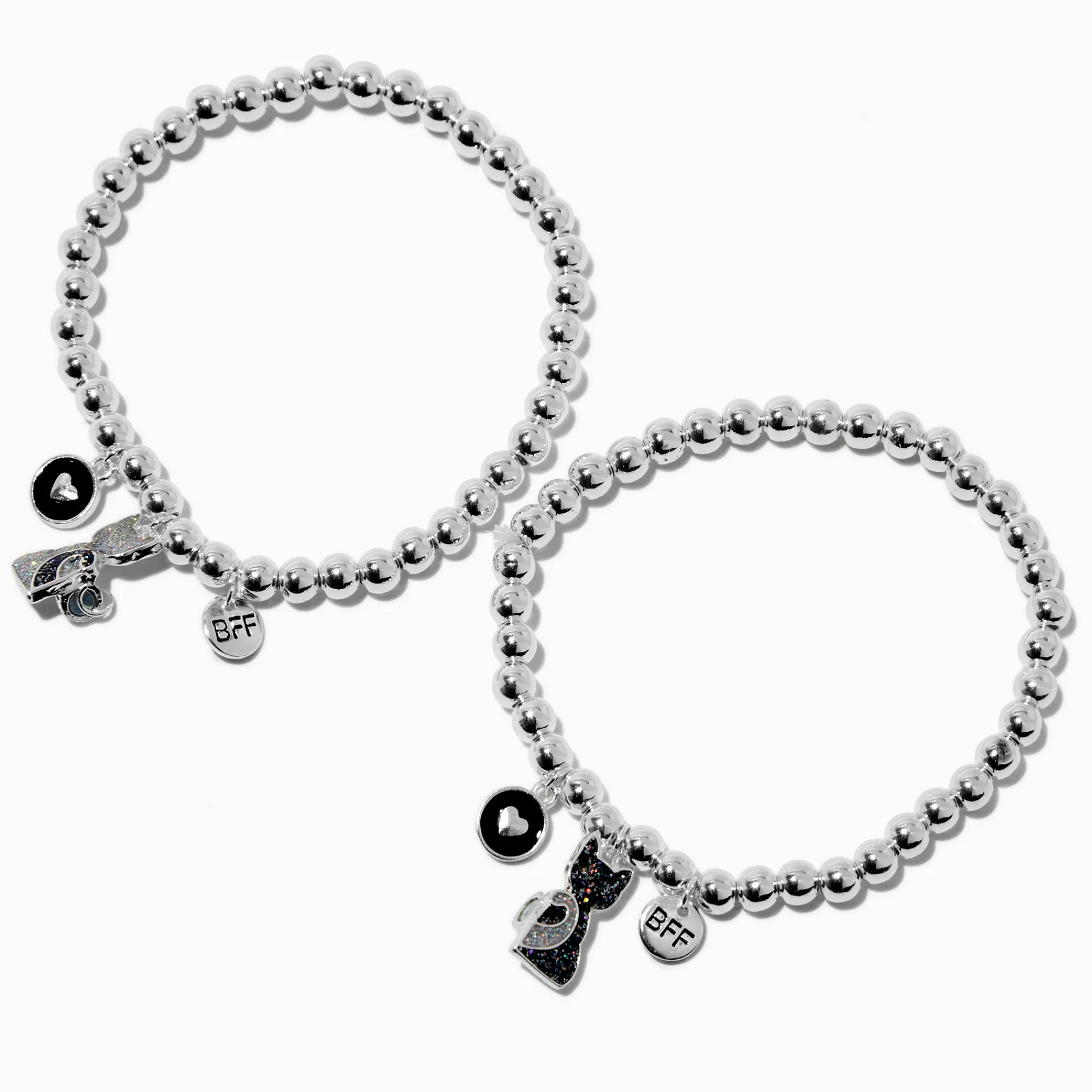 Claire's Bracelets-Best Friends Black Glitter Cat Beaded Stretch Bracelets - 2 Pack