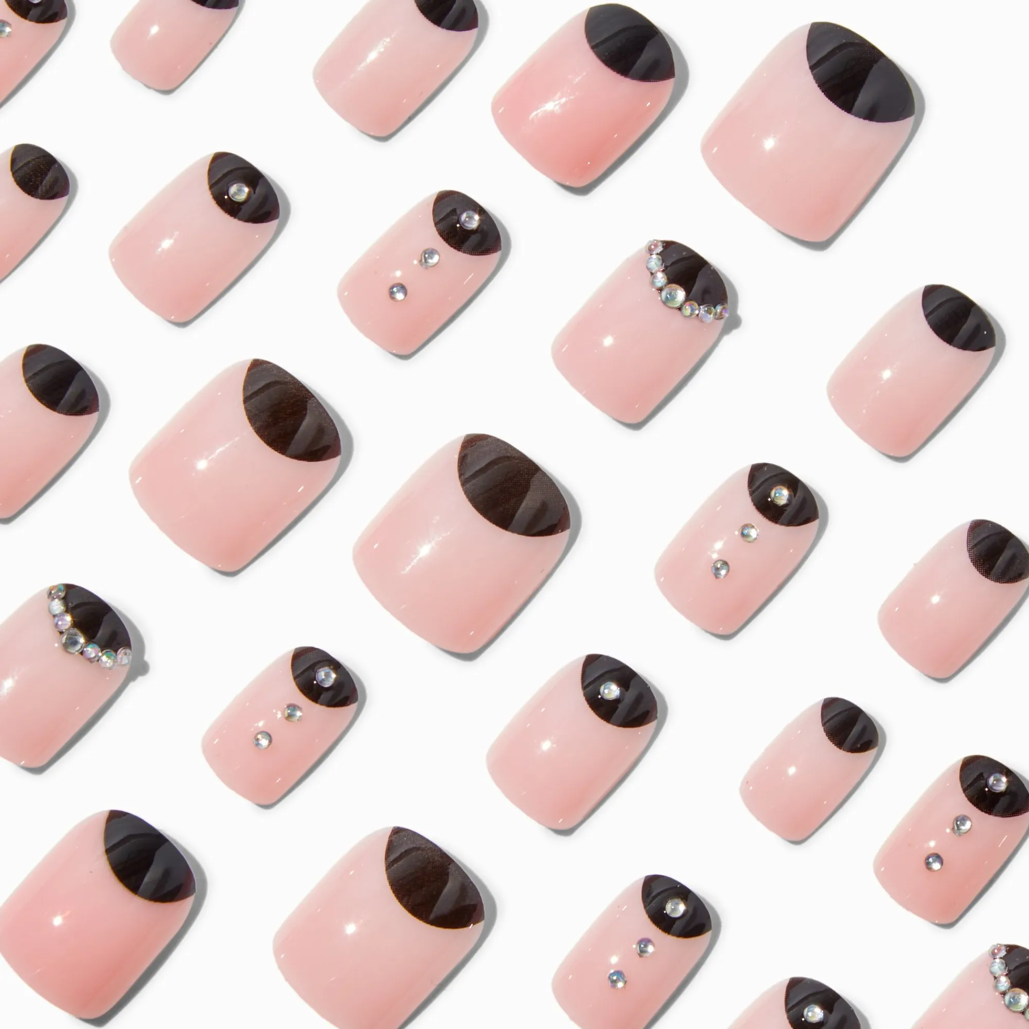 Claire's Ongles-Black & Nude Bling Short Square Vegan Faux Nail Set - 24 Pack