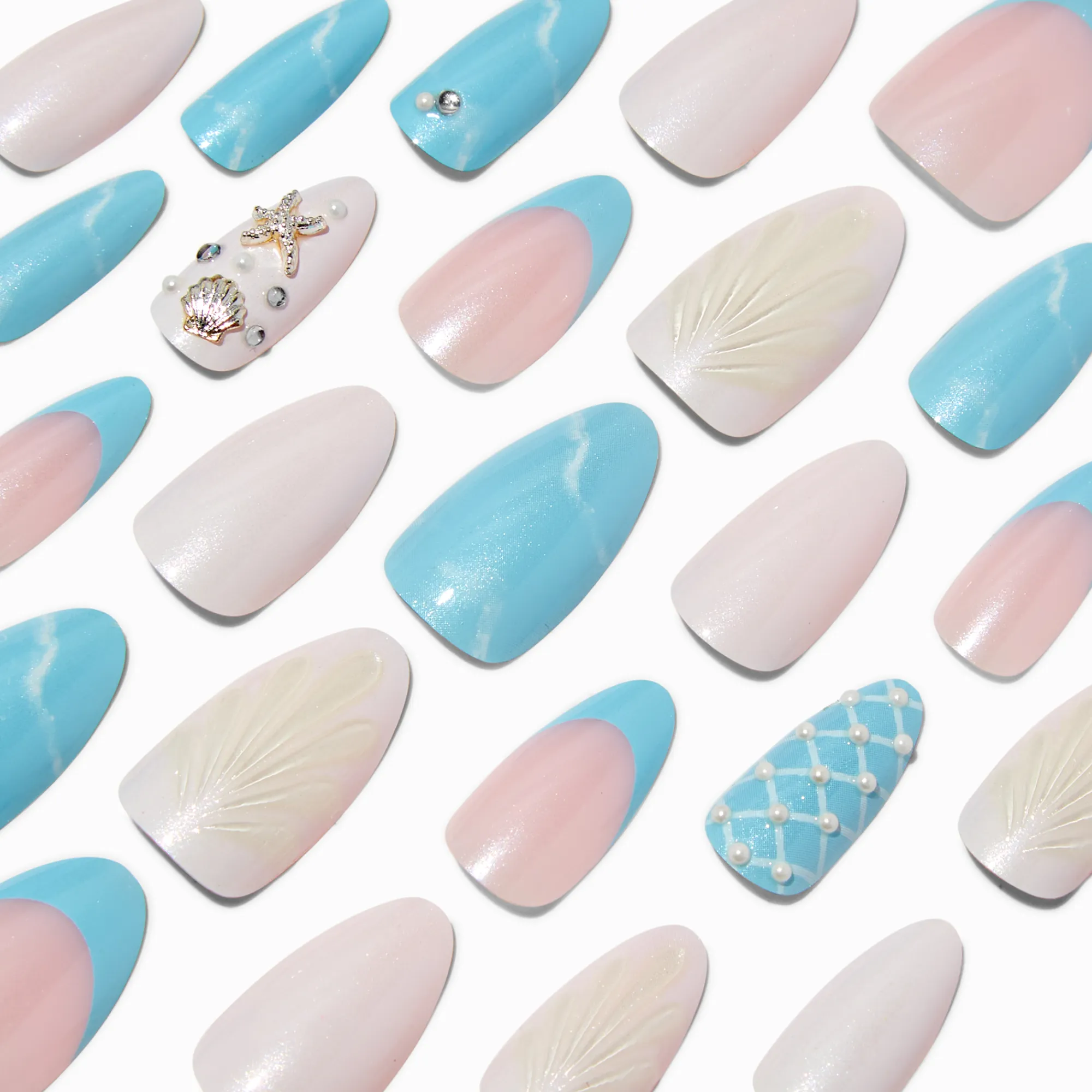 Claire's Ongles-Blue Mermaid Almond Vegan Faux Nail Set - 24 Pack
