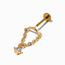Claire's Bijoux Premium|Bijoux De Piercing-Boucle d’oreille non filetée pour piercing hélix avec strass pendant 1,2 mm acier inoxydable couleur dorée