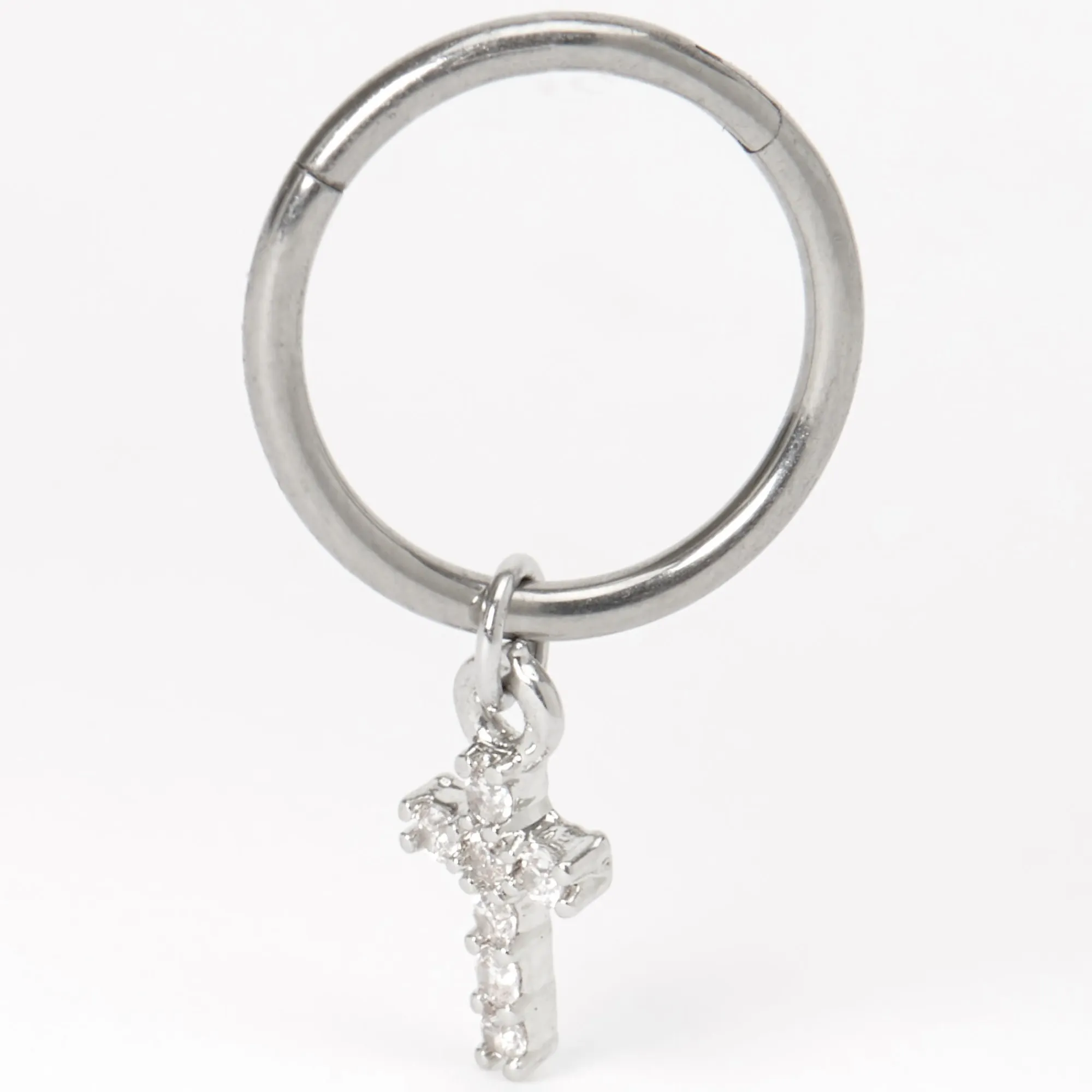 Claire's Bijoux Premium|Bijoux De Piercing-Boucle d'oreille pour piercing de cartilage avec breloque croix en strass 16 g couleurs argentée et titanée