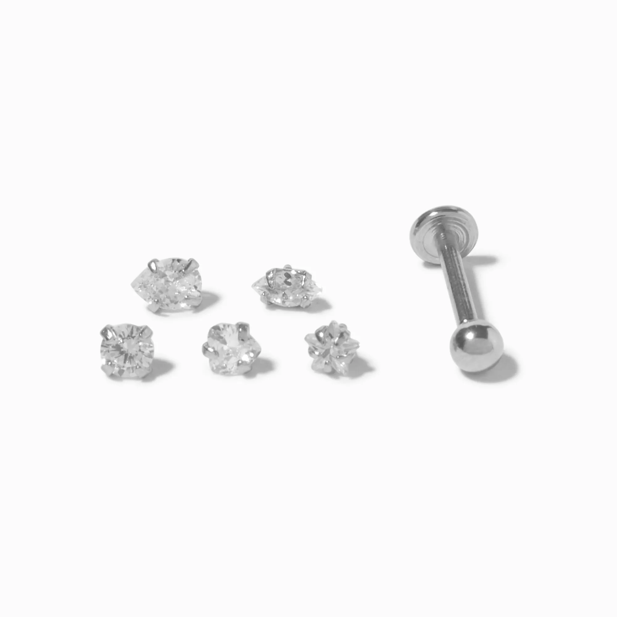 Claire's Clous D'oreilles|Bijoux De Piercing-Boucles d’oreilles à arrière plat pour piercing tragus 1,2 mm plusieurs embouts interchangeables en zircon cubique d'imitation couleur argentée - Lot de 6