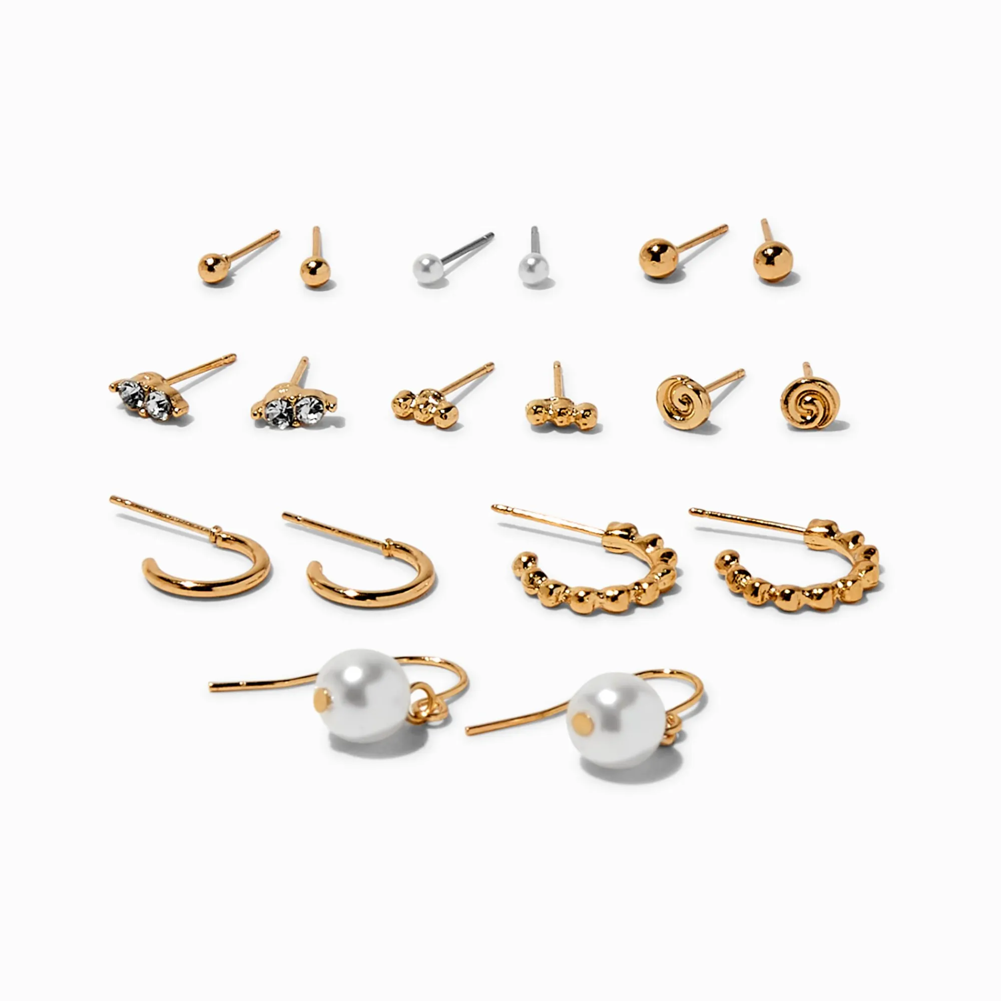 Claire's Anneaux|Pendantes-Boucles d’oreilles aux designs variés perle d'imitation et tourbillon de strass couleur dorée - Lot de 9