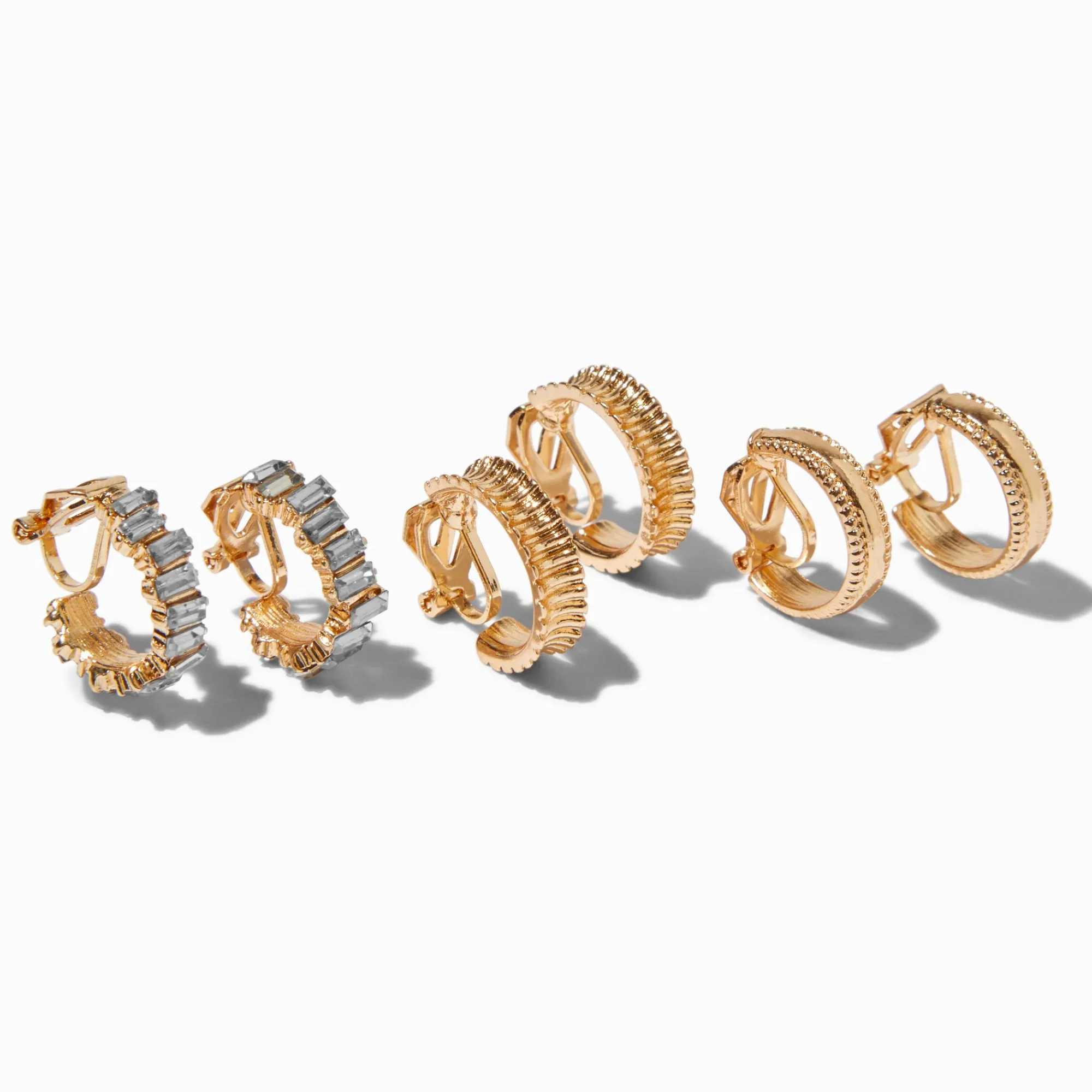 Claire's Anneaux|Clips Et Autocollants-Boucles d’oreilles à clip 20 mm texturées strass couleur dorée - Lot de 3