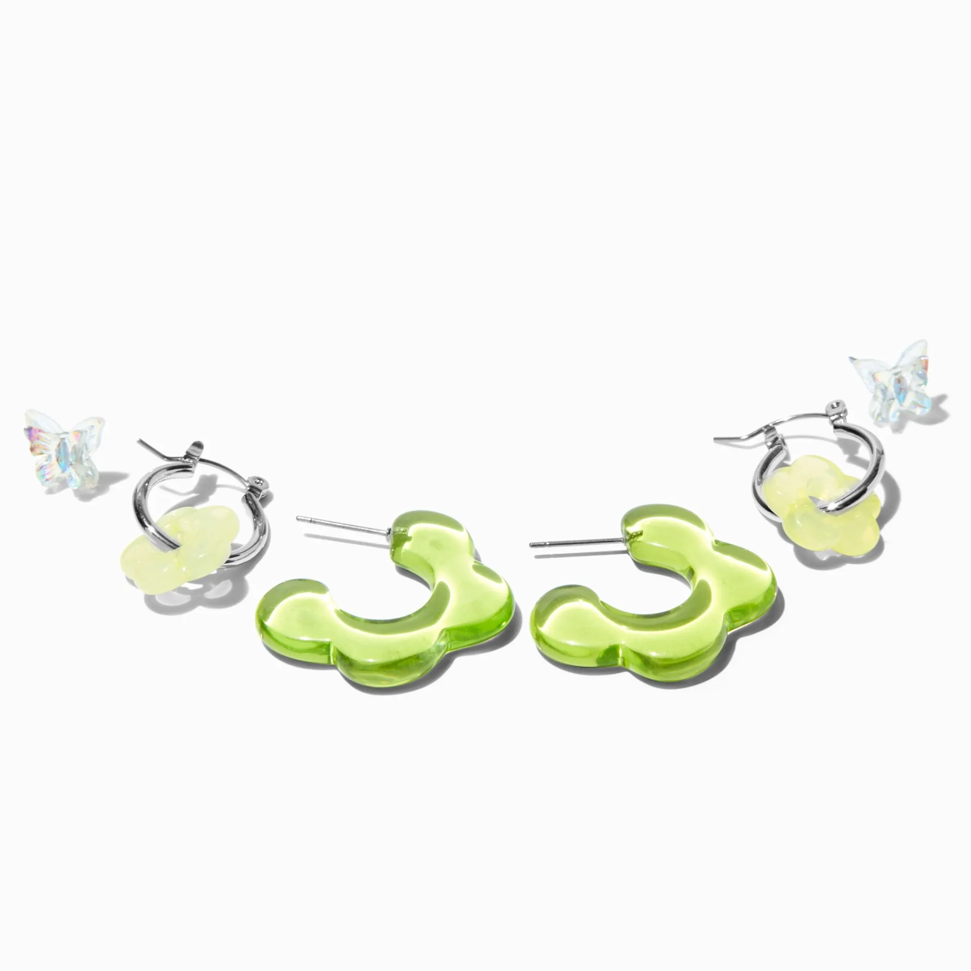 Claire's Clous D'oreilles-Boucles d’oreilles empilables fleurs en acrylique vertes - Lot de 3