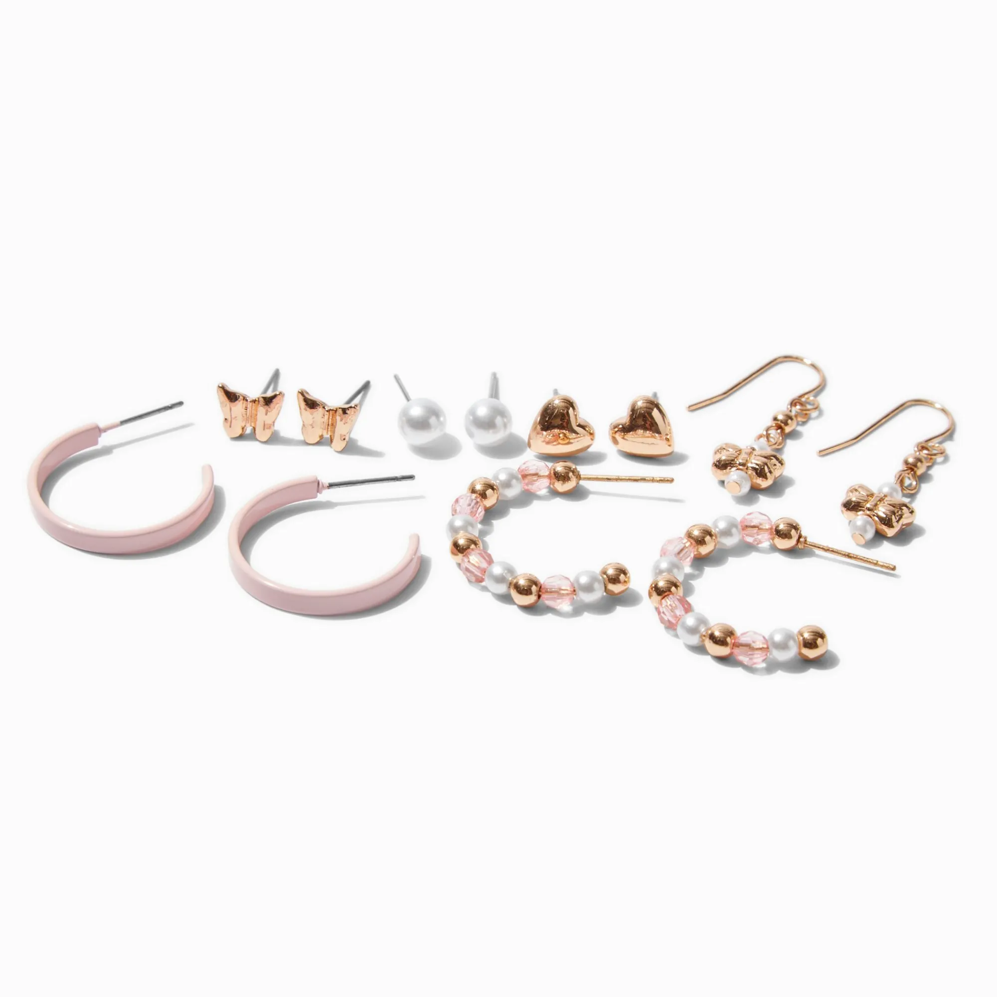 Claire's Anneaux|Pendantes-Boucles d’oreilles empilables roses et couleur dorée - Lot de 6