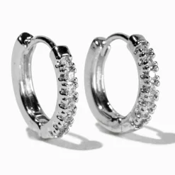 Claire's Anneaux|Clous D'oreilles-Boucles d’oreilles huggies avec strass en zircon cubique d'imitation empilés 10 mm couleur argentée