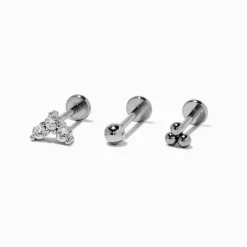 Claire's Bijoux Premium|Bijoux De Piercing-Boucles d’oreilles pour piercing au cartilage clou non fileté 0,8 mm en acier inoxydable couleur argentée - Lot de 3
