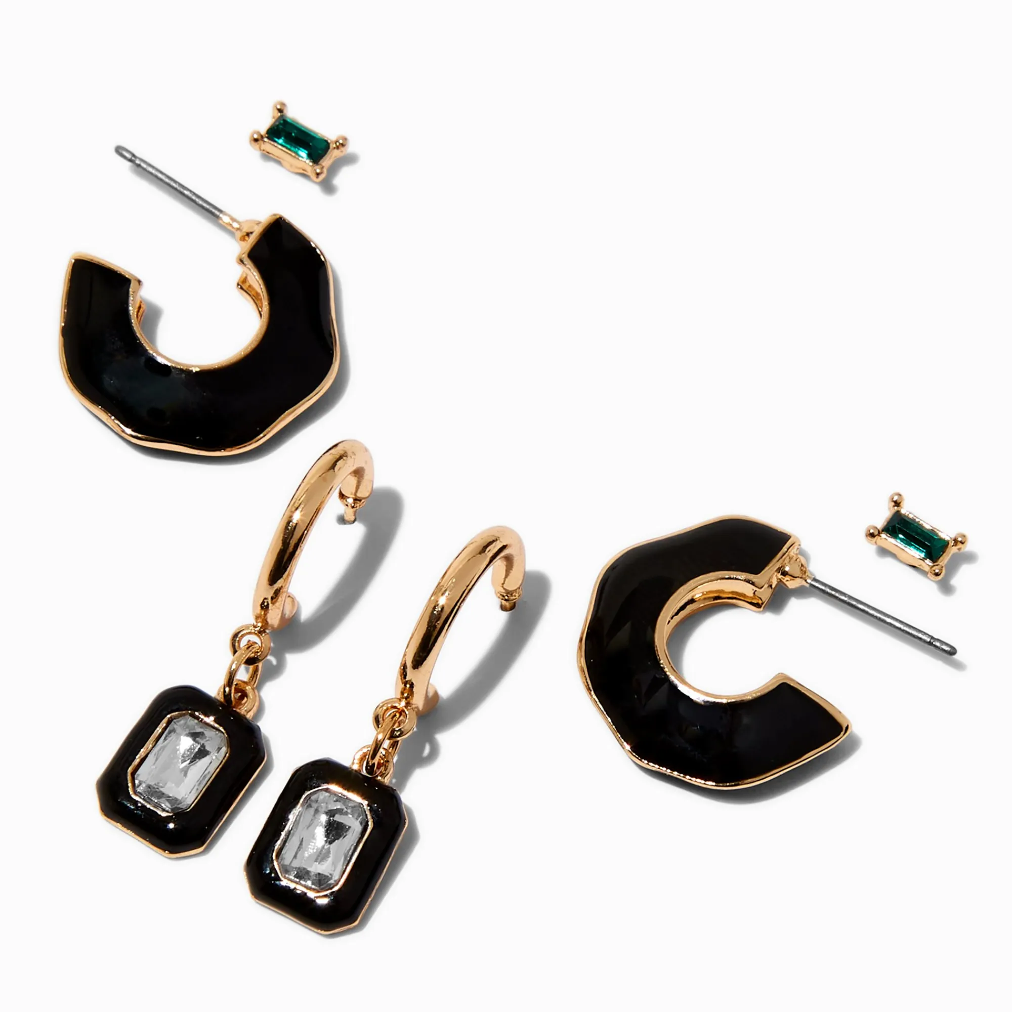 Claire's Anneaux|Pendantes-Boucles d’oreilles superposables couleur dorée noires - Lot de 3