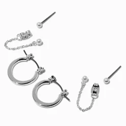 Claire's Anneaux-Boucles d’oreilles superposables couleur argentée et perle d'imitation - Lot de 3