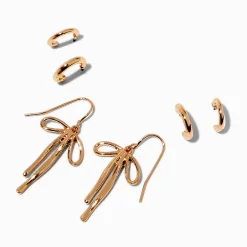 Claire's Anneaux|Pendantes-Boucles d’oreilles superposables nœud dégoulinant couleur dorée - Lot de 3