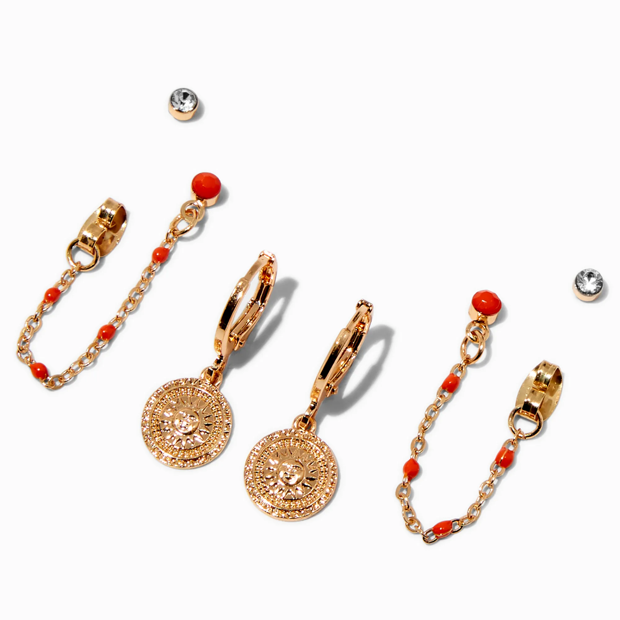 Claire's Anneaux-Boucles d’oreilles superposables à chaîne orange pièce soleil rayonnant couleur dorée - Lot de 3