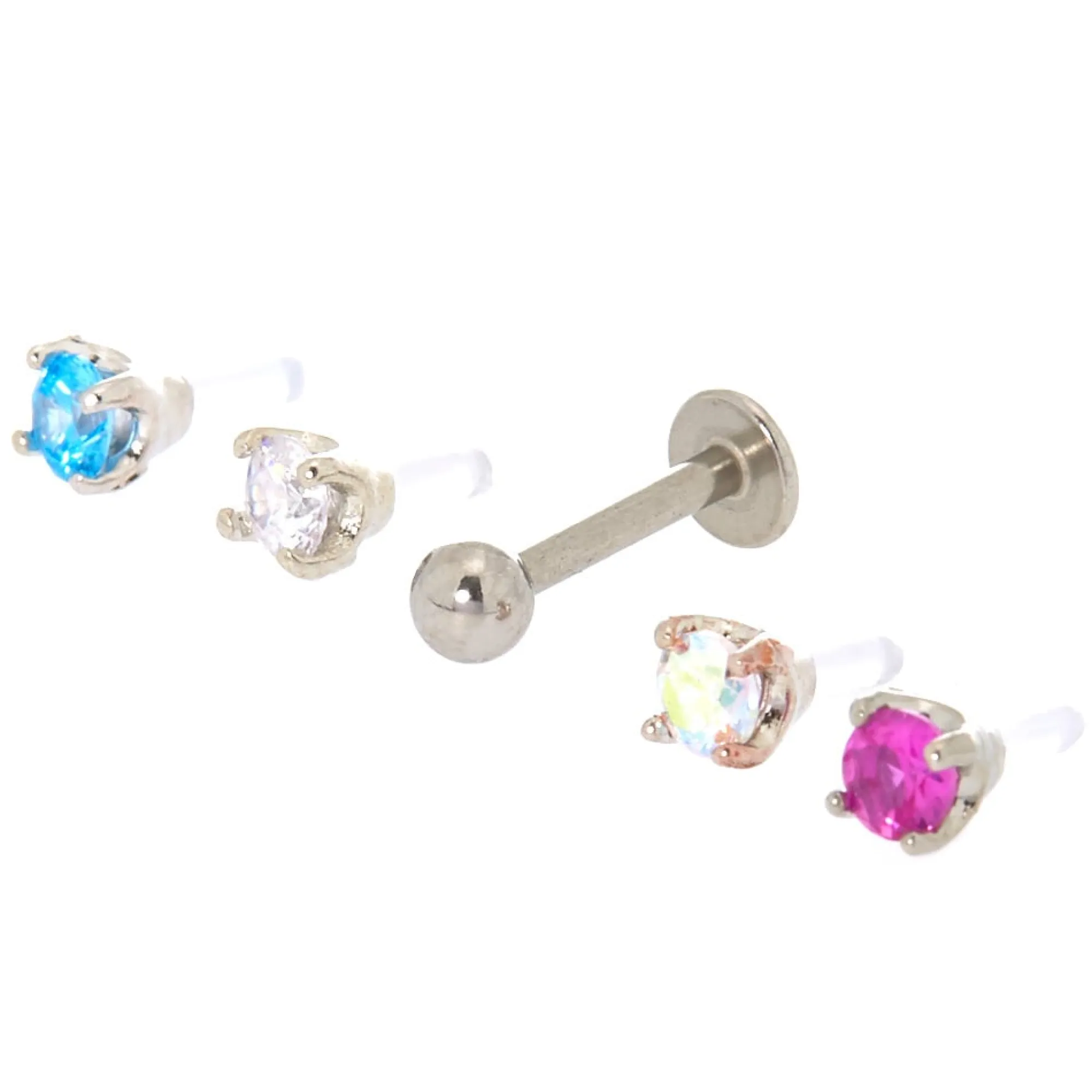 Claire's Bijoux De Piercing-Boucles d'oreilles arrière plat avec clou fluo pour piercing tragus plusieurs tops 1,2 mm couleur argentée - Lot de 5