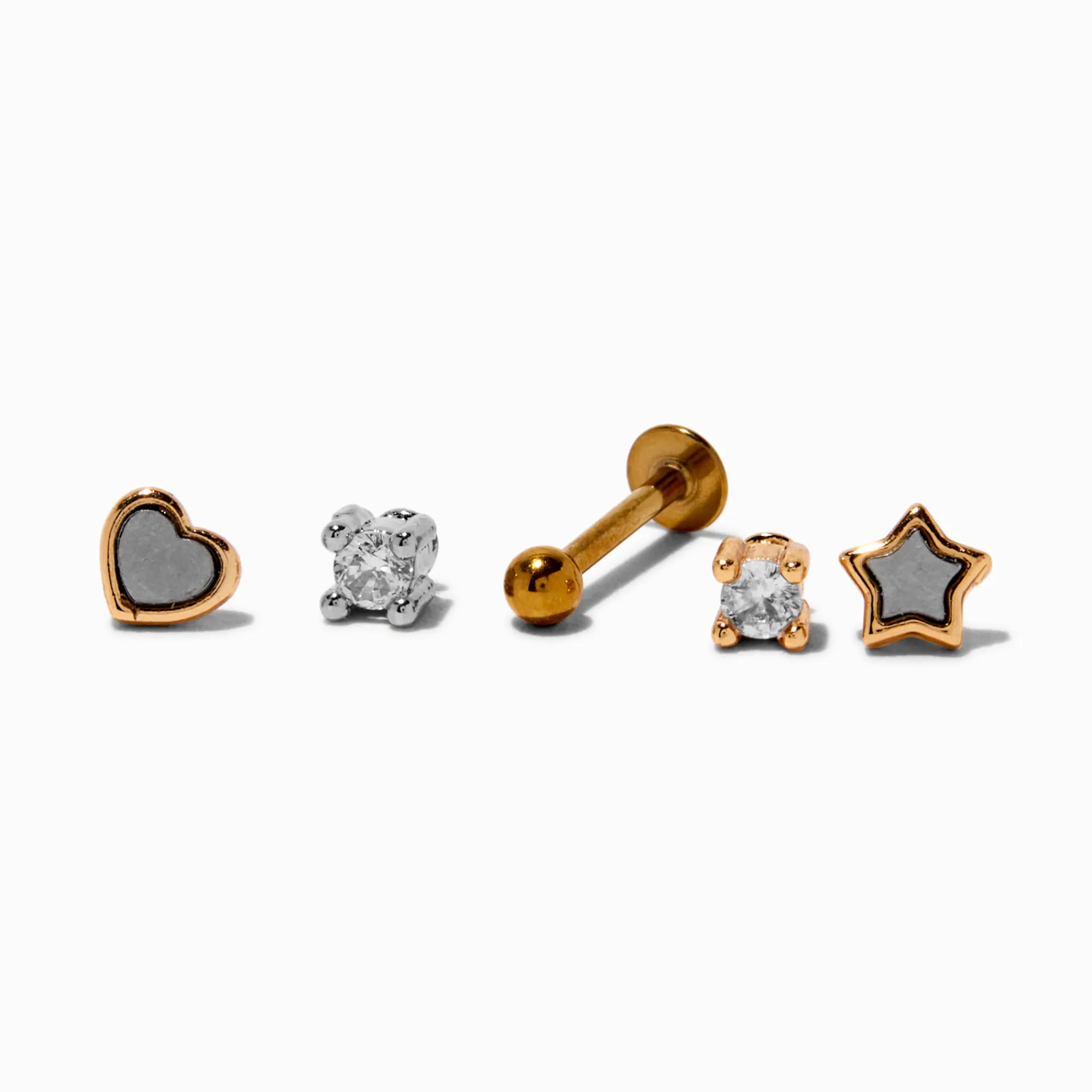 Claire's Bijoux De Piercing-Boucles d'oreilles à arrière plat 1,0 mm pour piercing tragus avec embouts interchangeables étoile, cœur et clou en zircon cubique en acier inoxydable et métaux mixtes - Lot de 5