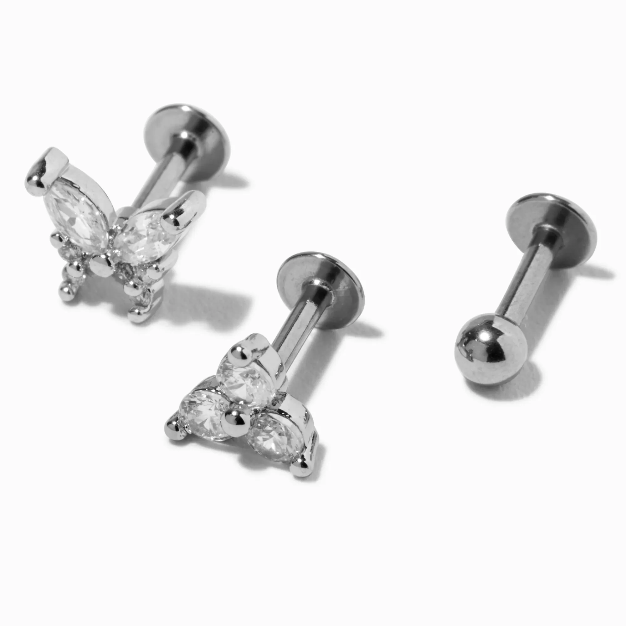 Claire's Clous D'oreilles|Bijoux Premium-Boucles d'oreilles cartilage arrière plat zircon cubique papillon 1,2 mm en acier inoxydable couleur argentée - Lot de 3