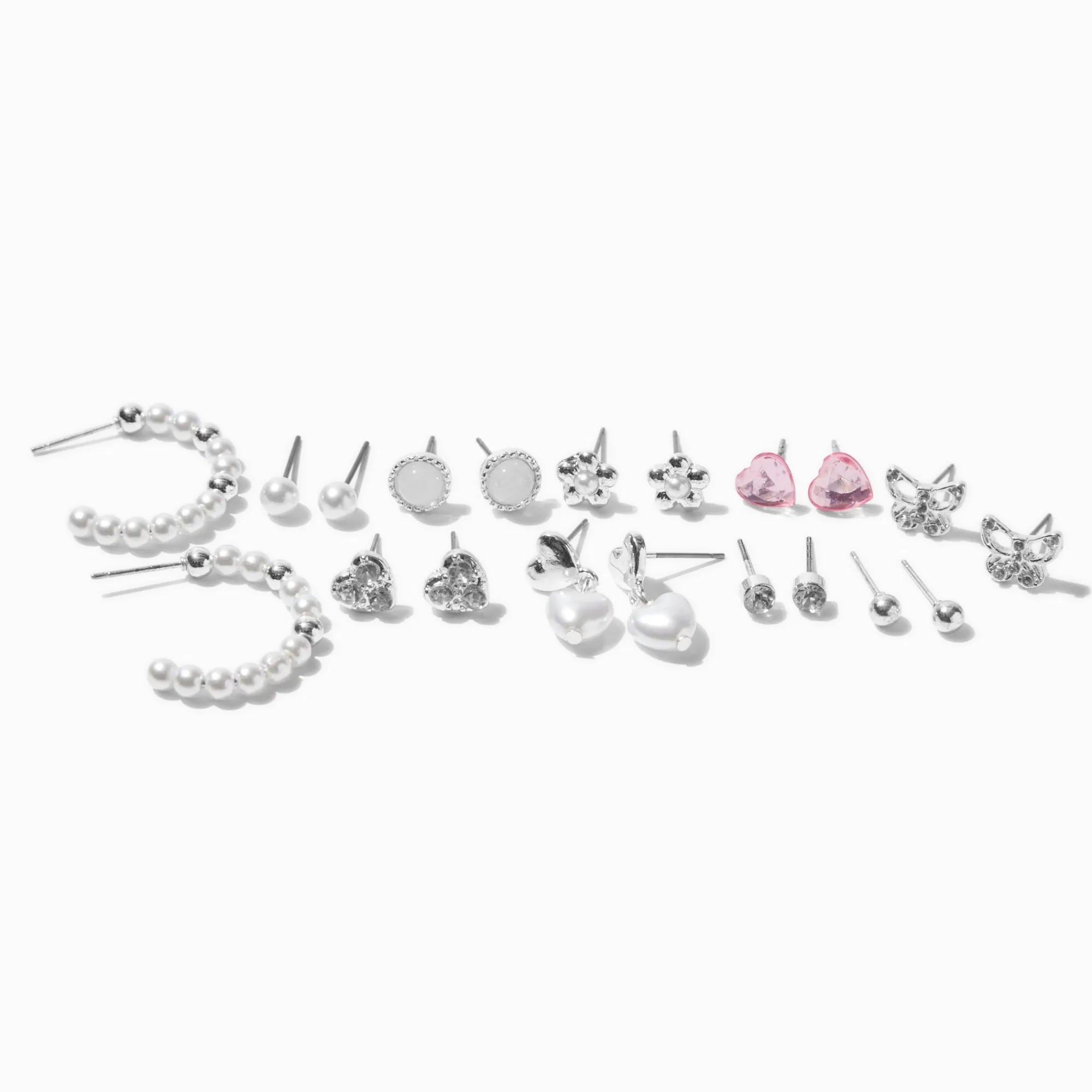 Claire's Anneaux|Pendantes-Boucles d'oreilles empilables perle d'imitation couleur argentée - Lot de 10