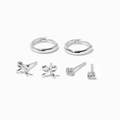 Claire's Anneaux|Clous D'oreilles-Boucles d'oreilles empilables nœud et anneau en zircon cubique couleur argentée C LUXE by Claire’s - Lot de 3