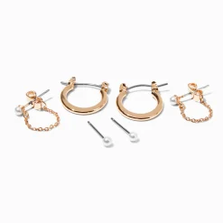 Claire's Anneaux-Boucles d'oreilles empilables perle d'imitation et couleur dorée - Lot de 3