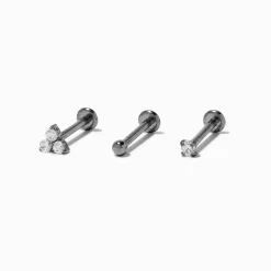 Claire's Clous D'oreilles|Bijoux Premium-Boucles d'oreilles pour piercing tragus non filetées 1,0 mm en zircon cubique et titane couleur argentée - Lot de 3