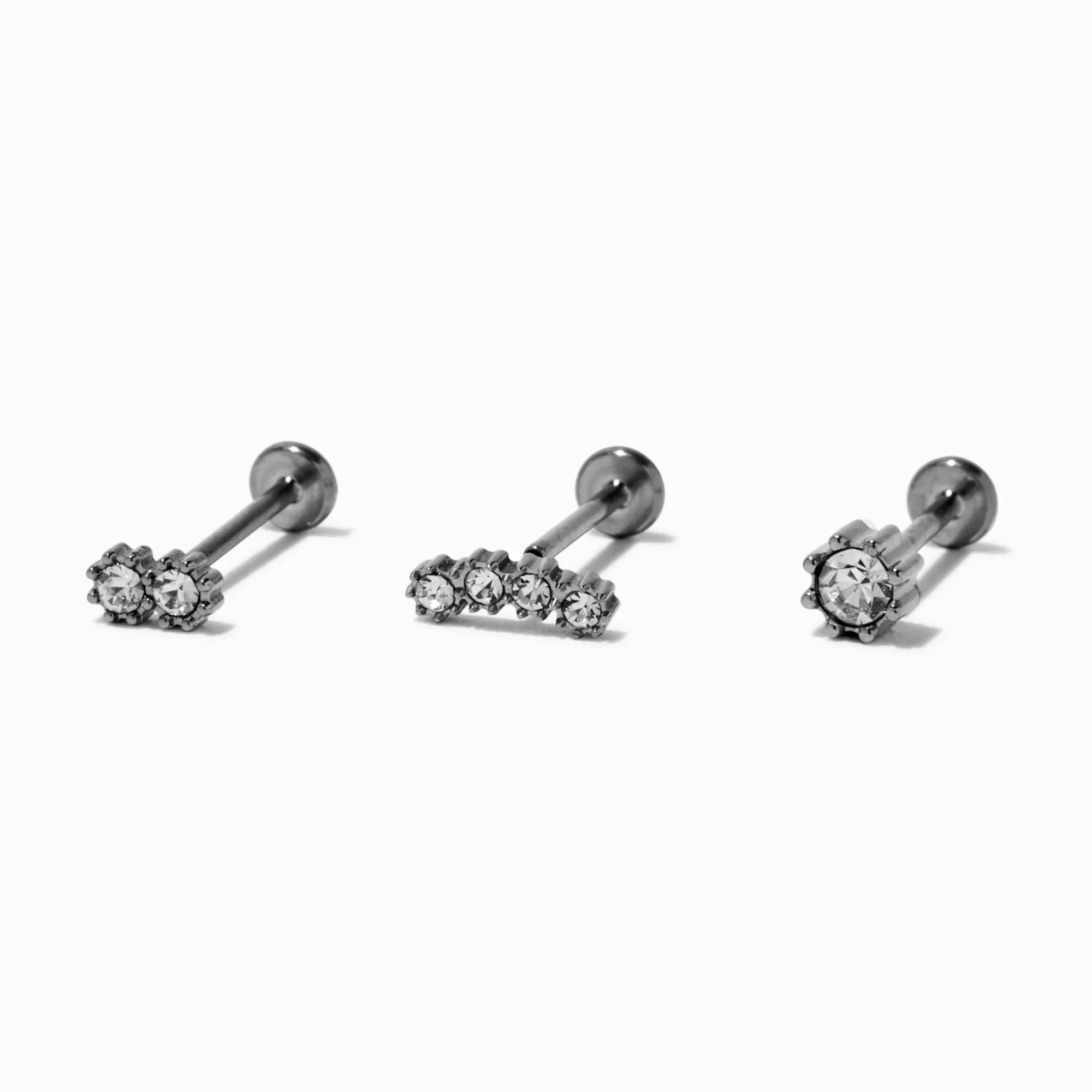 Claire's Bijoux Premium|Bijoux De Piercing-Boucles d'oreilles pour piercing de cartilage non filetées 1,0 mm strass courbé de tailles graduelles en titane - Lot de 3