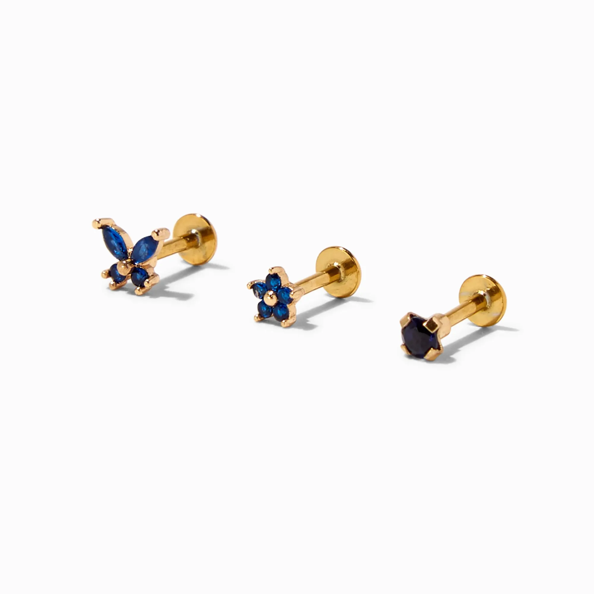 Claire's Bijoux Premium|Bijoux De Piercing-Boucles d'oreilles pour piercing au cartilage papillon et fleur 1,2 mm en acier inoxydable couleur dorée - Lot de 3