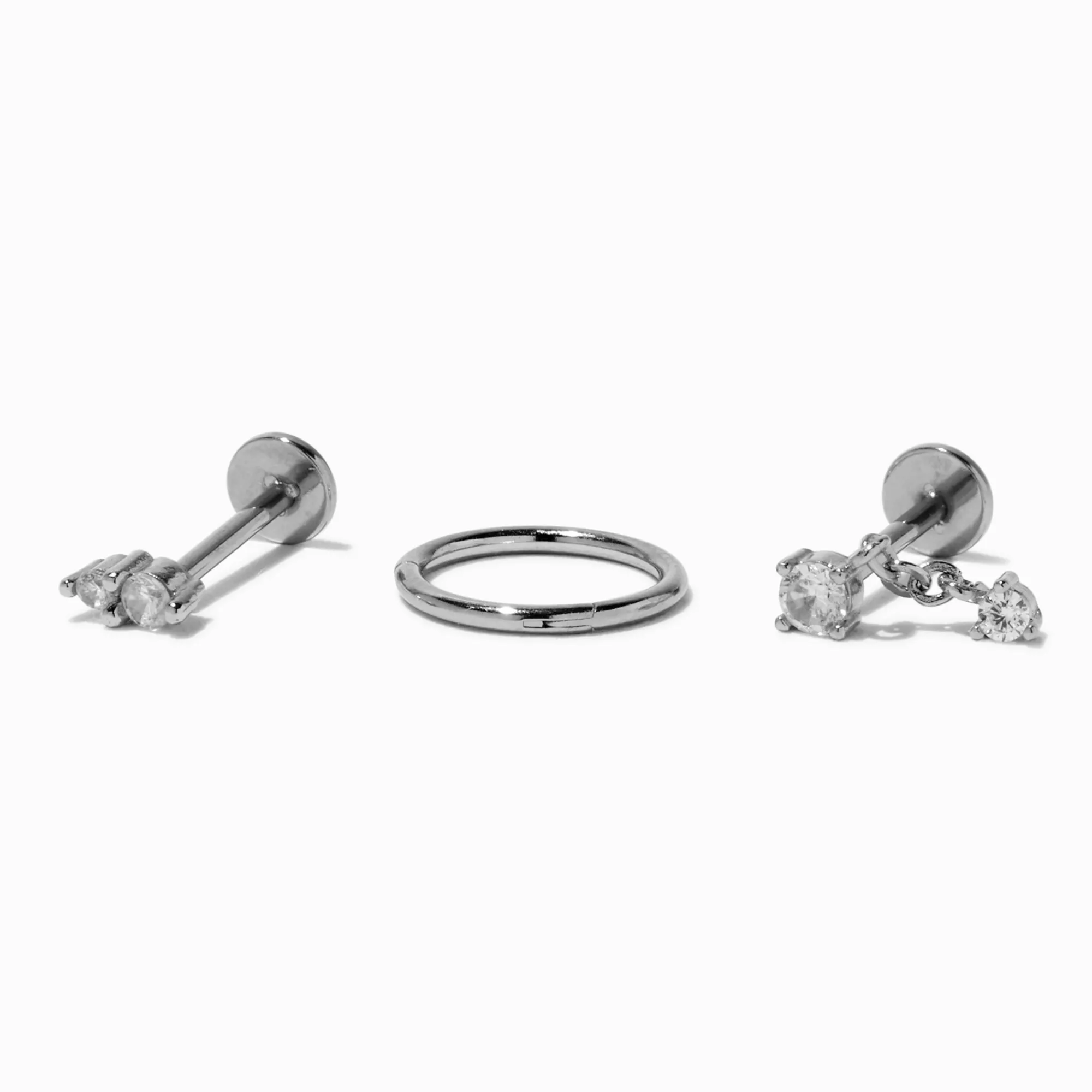 Claire's Bijoux Premium|Bijoux De Piercing-Boucles d'oreilles pour piercing de cartilage non filetées anneaux et clous 1,0 mm strass acier inoxydable couleur argentée - Lot de 3