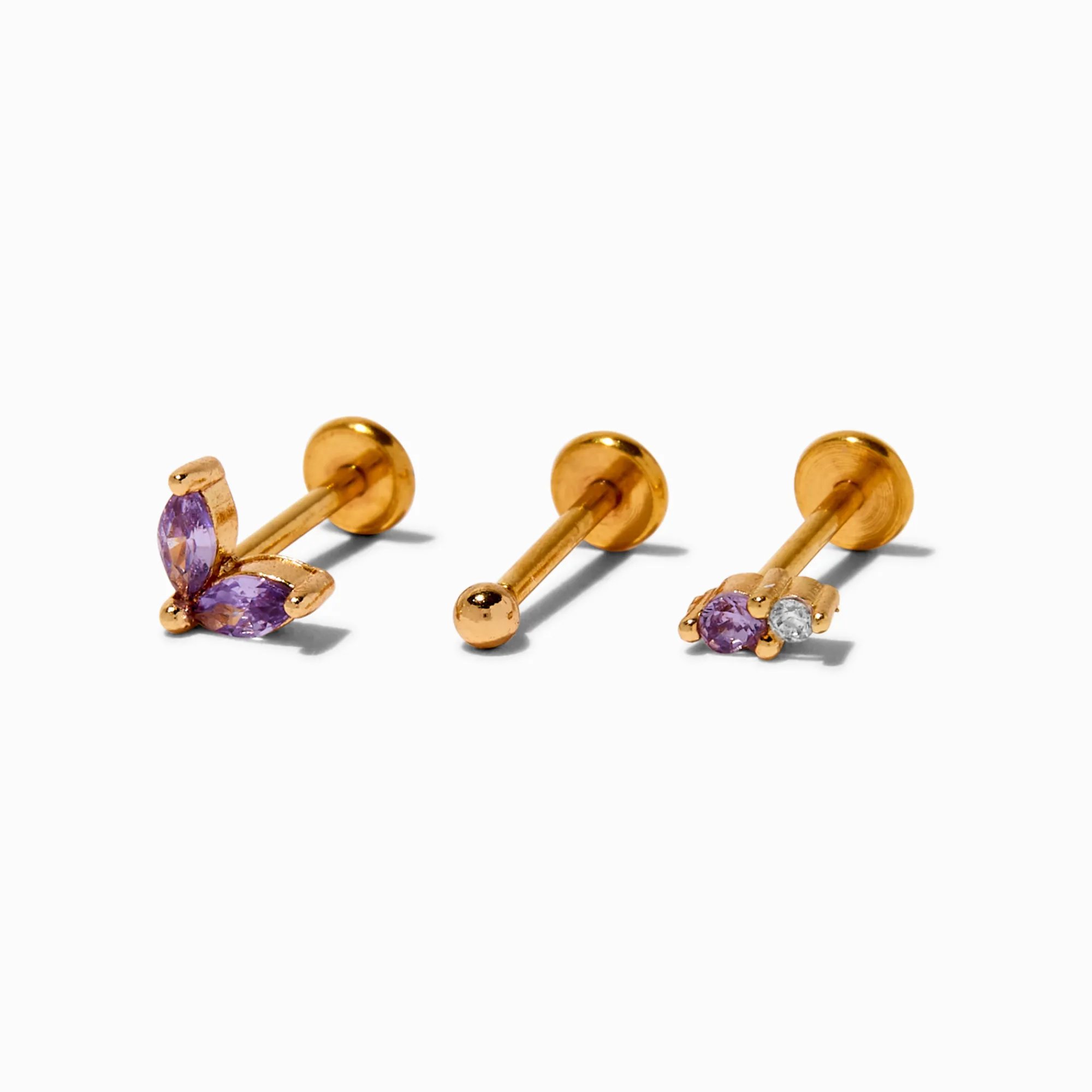 Claire's Bijoux De Piercing-Boucles d'oreilles pour piercing tragus non filetées 1,0 mm violettes en acier inoxydable couleur dorée - Lot de 3