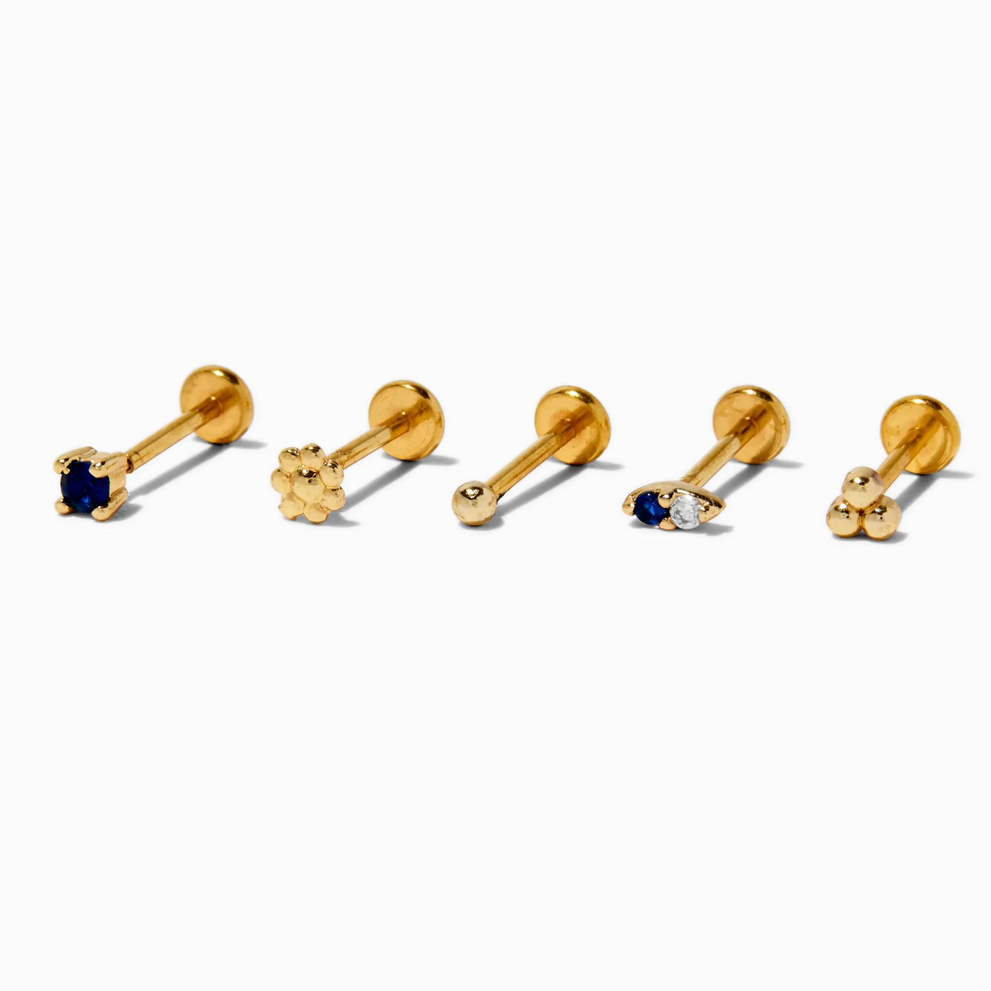 Claire's Bijoux De Piercing-Boucles d'oreilles pour piercing hélix non filetées 1,2 mm saphir d'imitation aux designs variés en acier inoxydable couleur dorée - Lot de 5