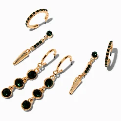 Claire's Anneaux|Pendantes-Boucles d'oreilles superposables couleur dorée avec strass couleur vert émeraude - Lot de 3