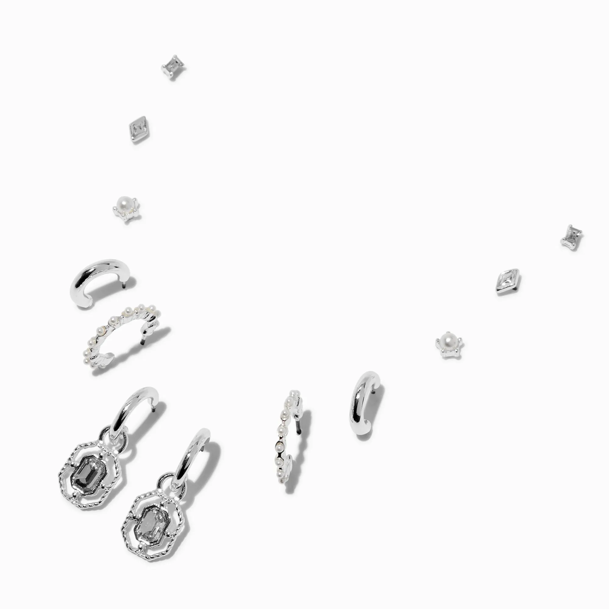 Claire's Anneaux|Clous D'oreilles-Boucles d'oreilles superposables strass perle d'imitation couleur argentée - Lot de 6